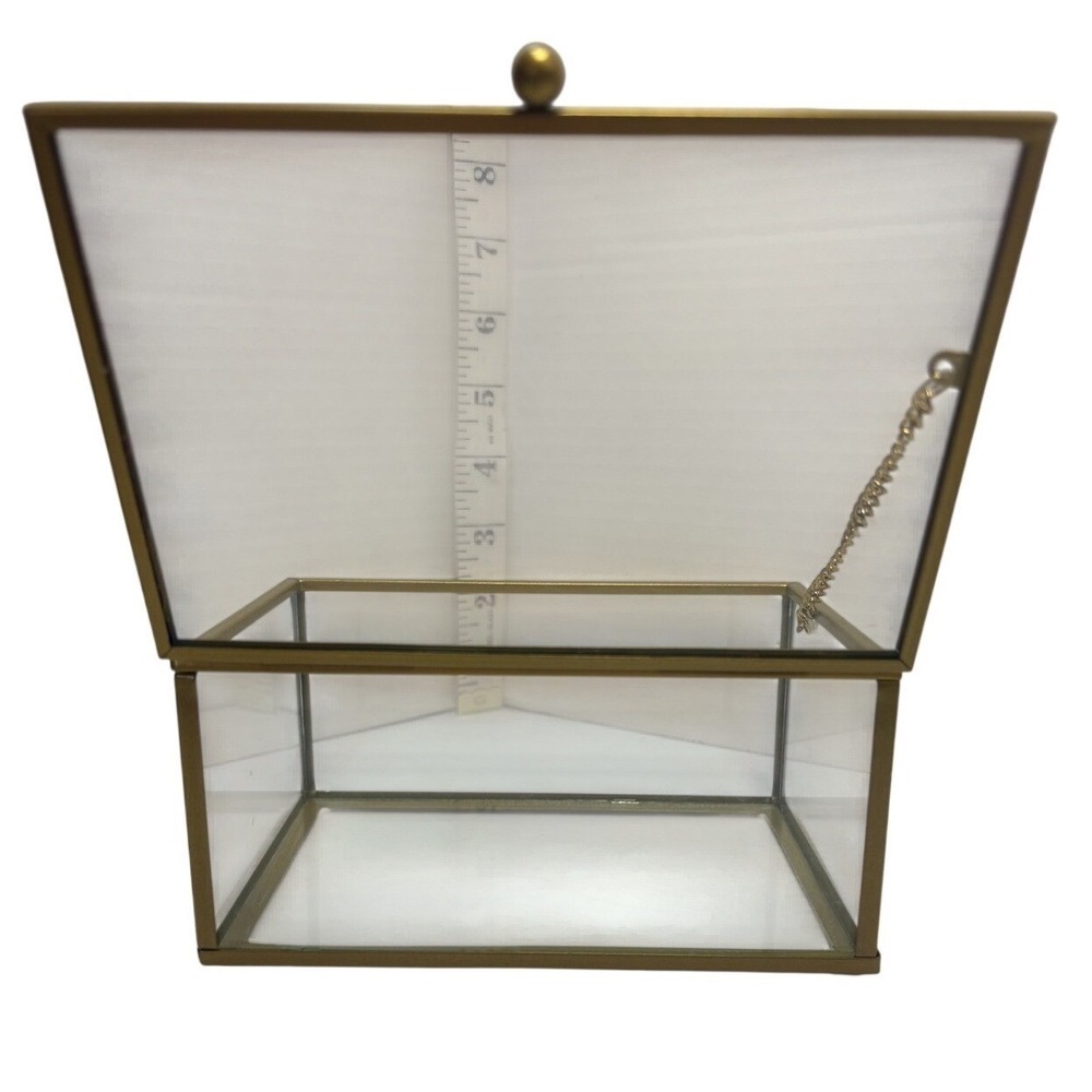 Gold Brass Glass Jewelry Box Rectangular Hinged Display Keepsake Case Vintage - Picture 7 of 10